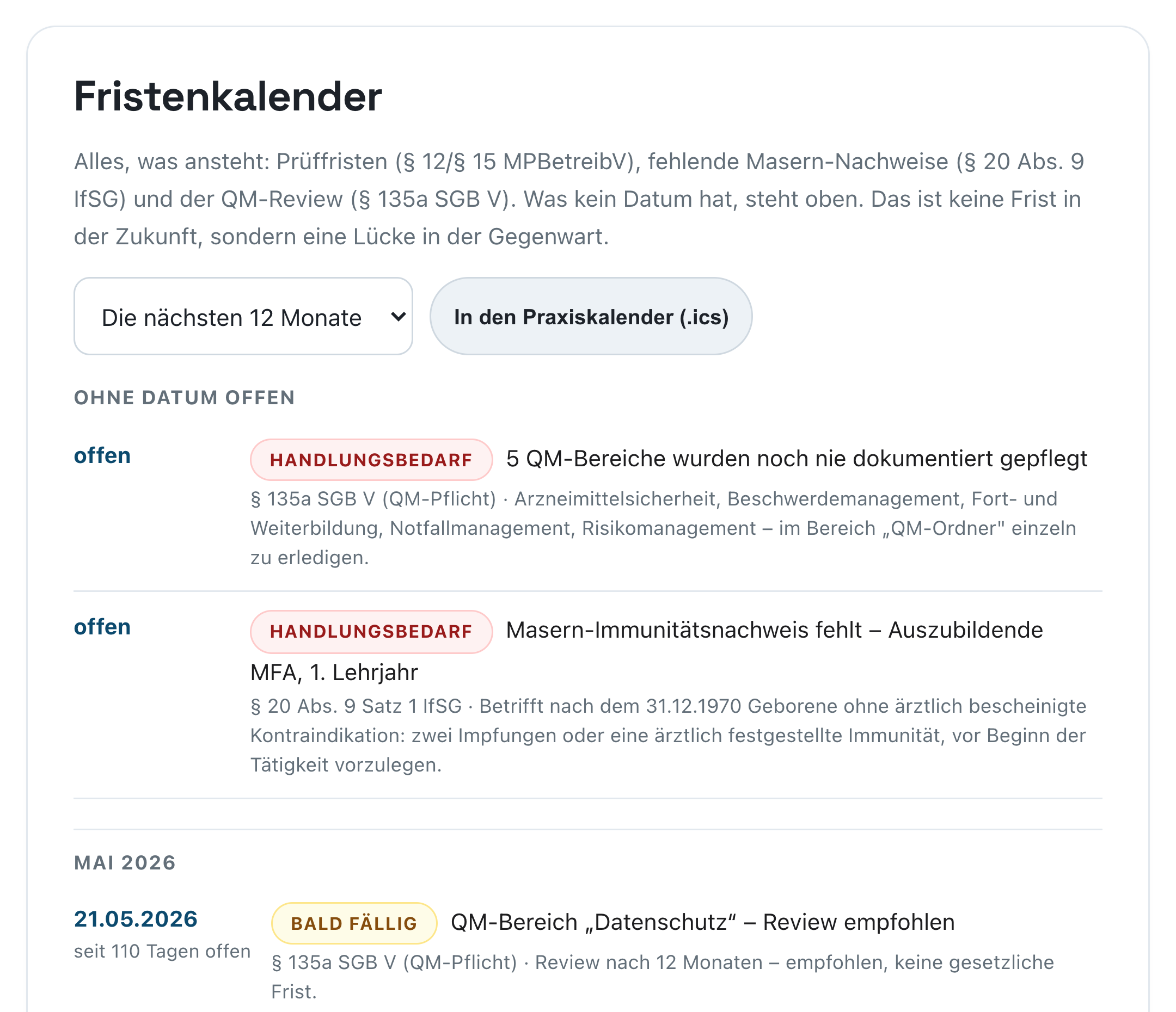 Fristenkalender in PraxisPilot: nach Monaten gruppierte Termine mit Ampel, Fälligkeitsdatum, Restlaufzeit und dem jeweiligen Paragraphen; Punkte ohne Datum stehen oben, darunter der fehlende Masern-Nachweis nach § 20 Abs. 9 IfSG.